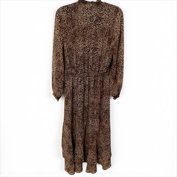 1.STATE Animal Print Maxi Dress Brown Long Sleeve Ruffle Neck Size Small - Picture 11 of 16
